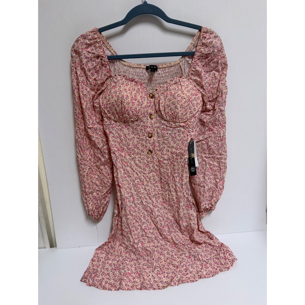 HSU WISH Pink Floral Ditsy Mini Dress Long Sleeve Smocked Back Ruched Bust S